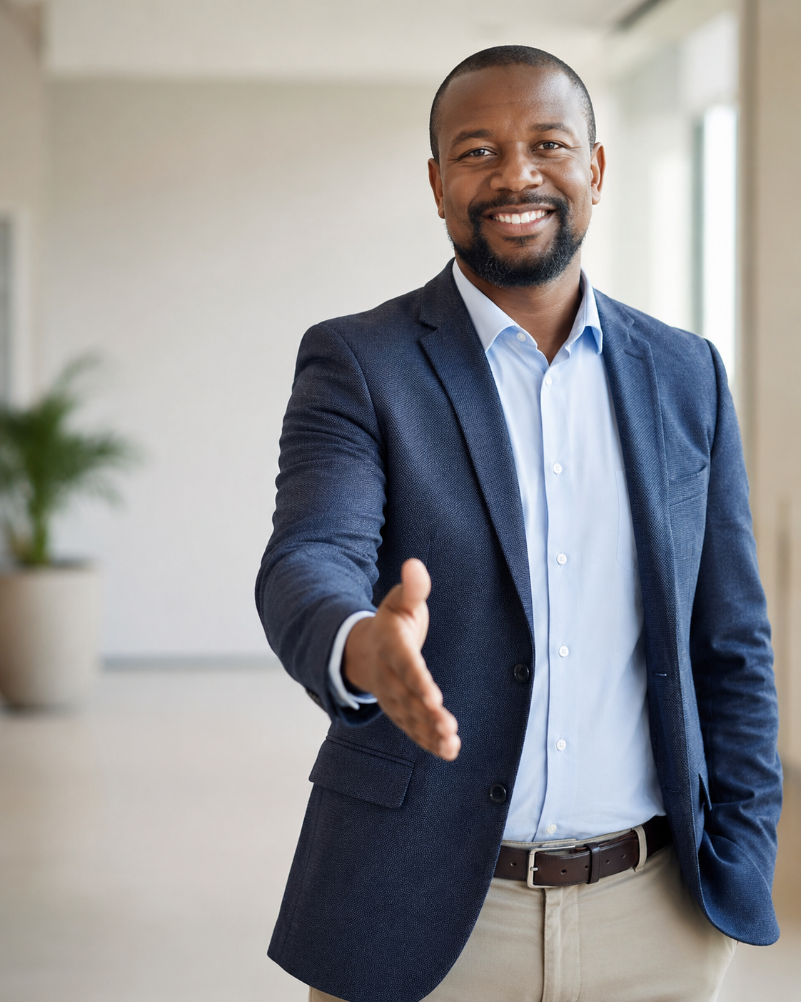 Homme afro élégant souriant, main tendue